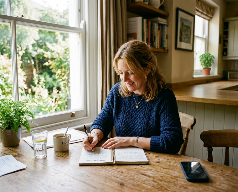 Woman writing in a notebook at a sunlit dining table, with her smartphone face down nearby, representing a return to one real task after social-media comparison.