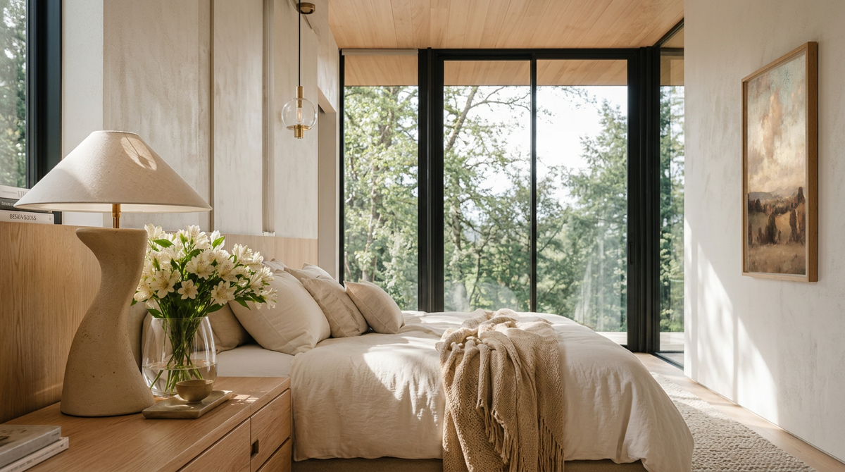 Bedroom with large windows showing natural tree views, warm nightstand lamp, linen bedding, and soft natural morning light for burnout recovery
