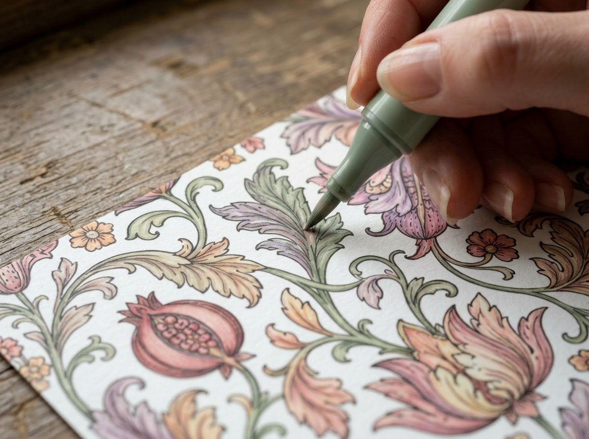 Close-up of a hand coloring a floral page with a green marker on a wooden table.