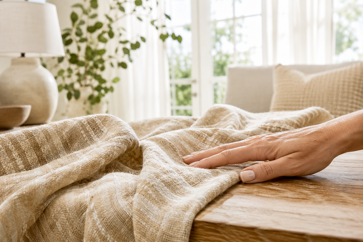 Close-up of a woman’s hand smoothing a textured beige linen throw across a light wood table in a bright, sunlit living room with a neutral sofa.