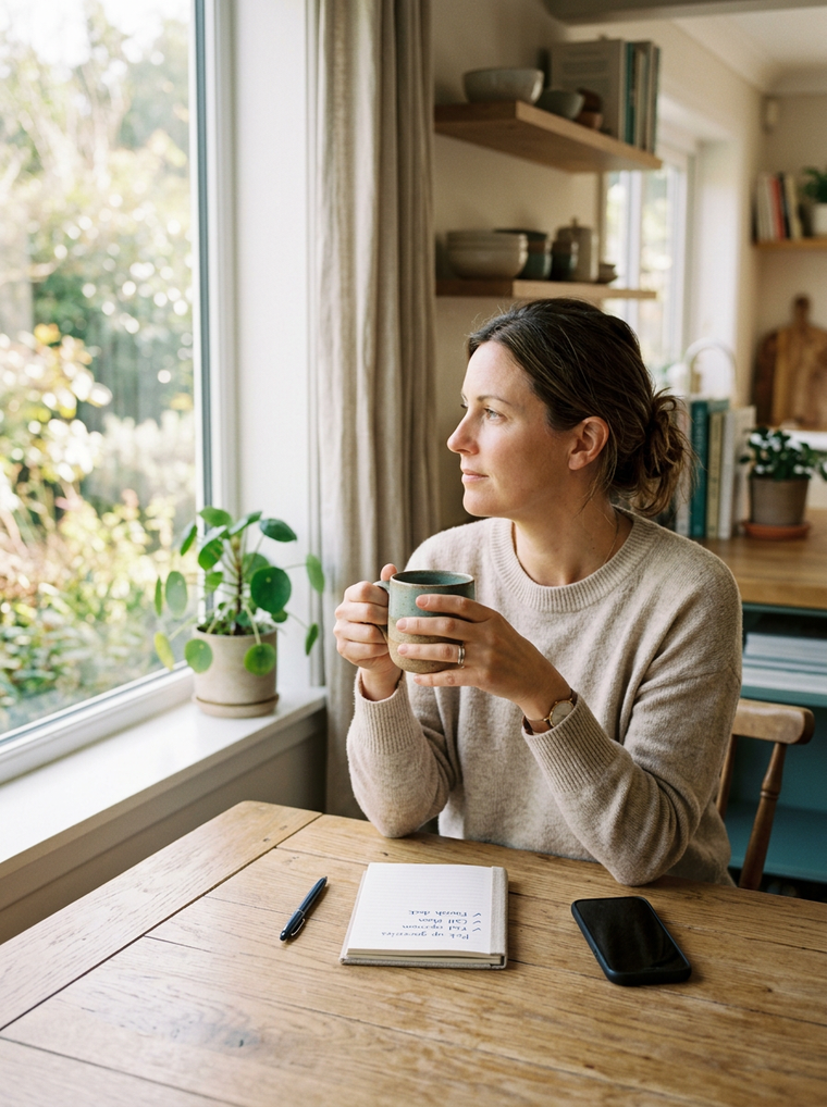 Woman relaxing with a mug at a sunlit kitchen table, with a notebook, pen, and face-down phone in a calm, tidy home.