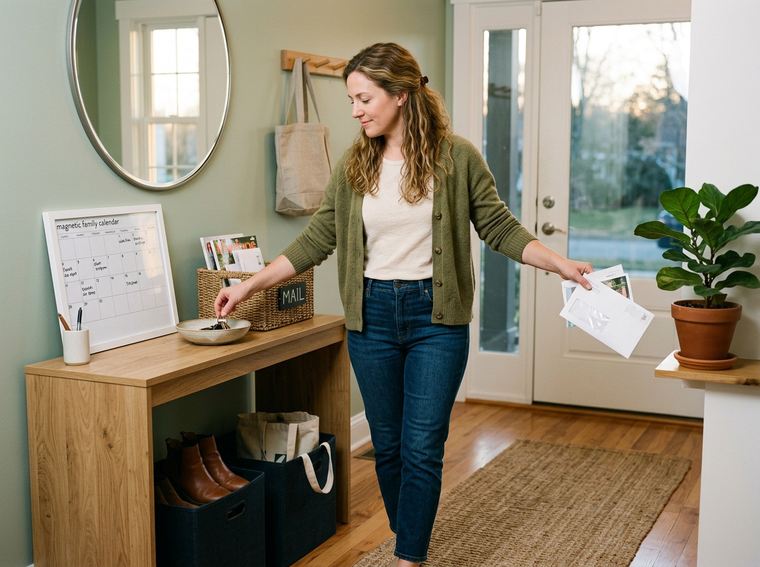 Woman hanging keys beside an organized entry station with mail and returns basket.