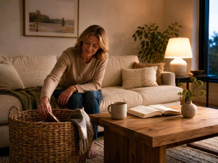 Woman placing an item into a woven basket beside a cleared coffee table in a warmly lit living room.