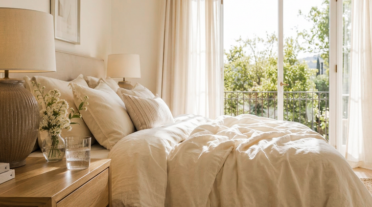 5:20 PMClaude responded: Warm sunlit bedroom with cream linen bedding, oak nightstand, and open balcony doors showing green trees outsideWarm sunlit bedroom with cream linen bedding, oak nightstand, and open balcony doors showing green trees outside