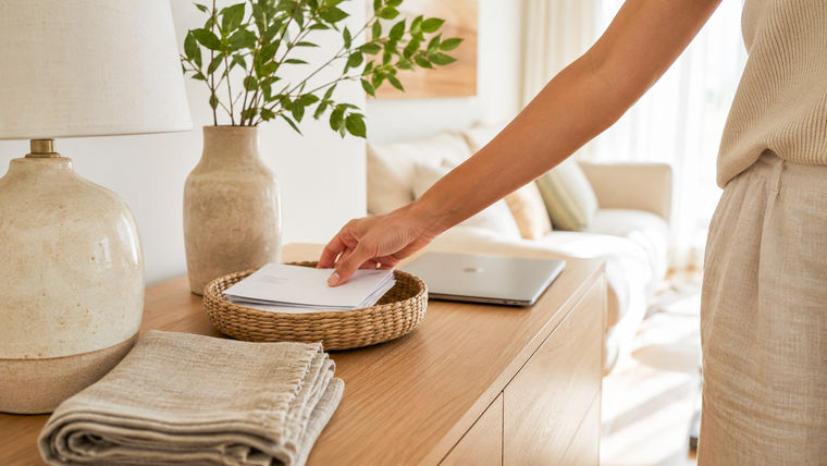 Woman placing mail into a woven basket on a bright, neutral living room console.