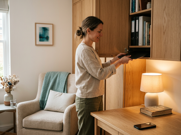 Woman putting her laptop away at the end of the workday as warm evening light fills a calm, tidy living room.