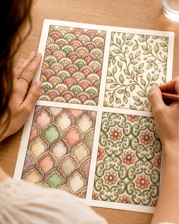 Woman coloring four ornamental pattern pages in warm muted Burned Out palette colors at a wooden table.