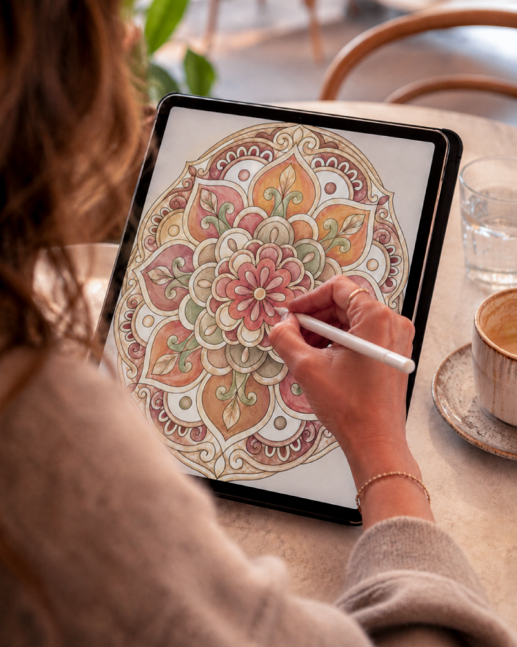 Woman coloring a floral geometric mandala from the Ornamental Patterns digital coloring book on a tablet with a stylus.