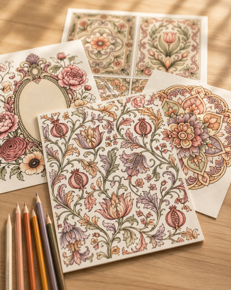 Printed Ornamental Patterns coloring pages layered on a wooden table with colored pencils in warm muted earth tones.