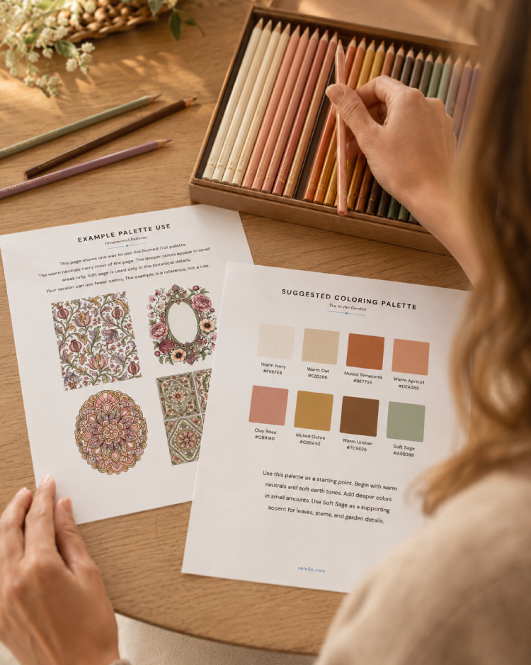 Woman choosing colored pencils beside Ornamental Patterns palette and example coloring pages on a wooden table.