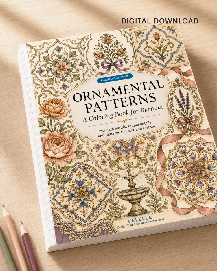 Ornamental Patterns digital coloring book overview showing 7 PDF files, 36 total pages, and 25 printable coloring pages.