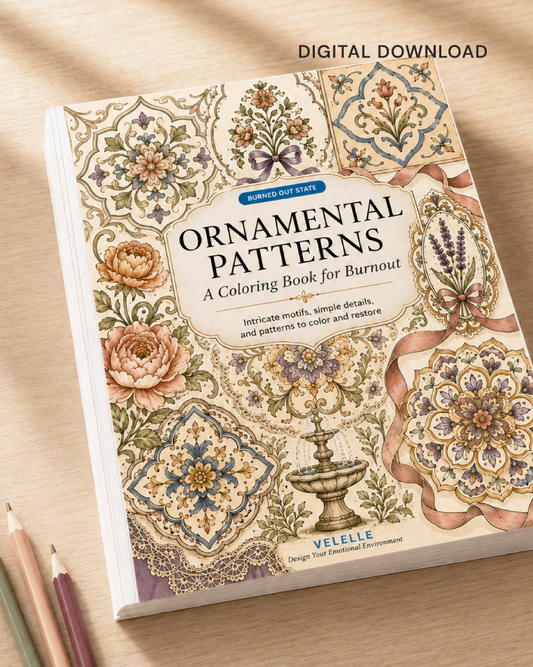 Ornamental Patterns digital coloring book overview showing 7 PDF files, 36 total pages, and 25 printable coloring pages.