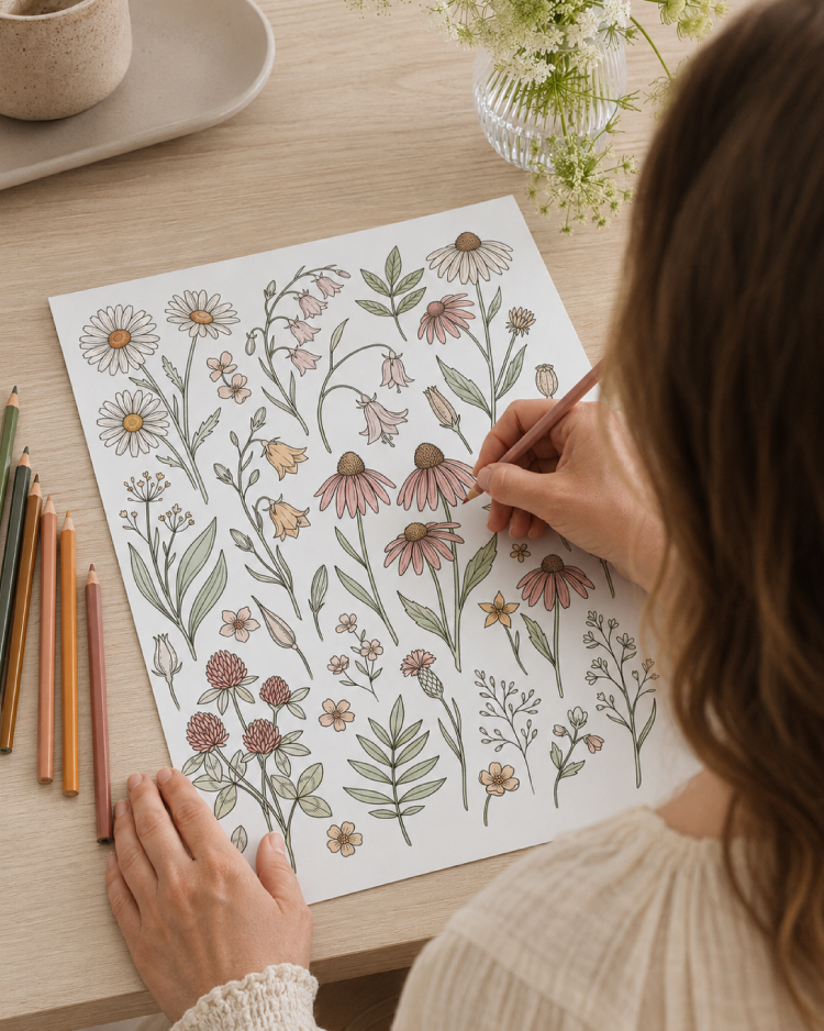 Woman coloring wildflower page with colored pencils — Quiet Rooms Coloring Book — Velelle