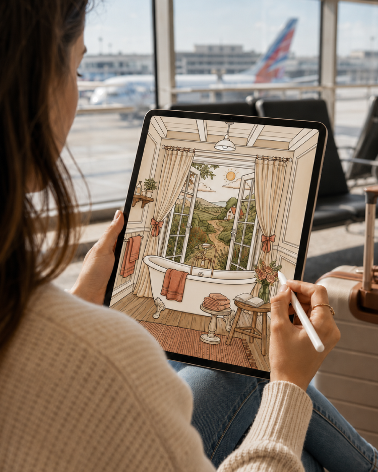 Woman using coloring book on tablet at airport — Quiet Rooms Digital Coloring Book — Velelle