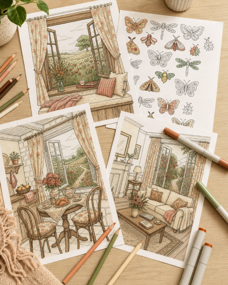 Printed coloring pages spread on surface with pencils — Quiet Rooms Coloring Book — Velelle