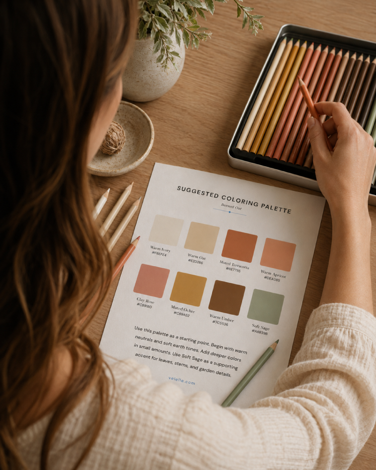 Burned Out color palette swatches with colored coloring pages — Quiet Rooms Coloring Book — Velelle