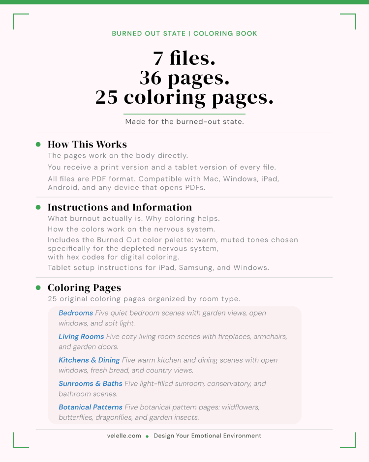 Coloring book overview showing 7 files and 25 coloring pages — Quiet Rooms — Velelle