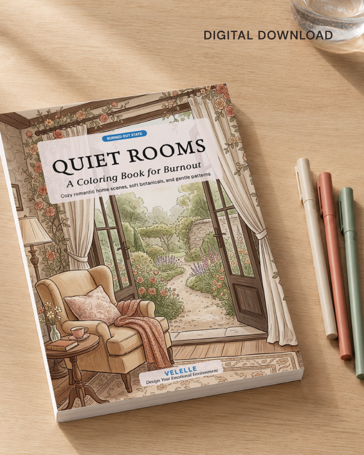 Printable coloring book for burnout and depletion. 25 cozy room scenes, warm nervous system palette, and science-backed coloring guide. Instant PDF download.
